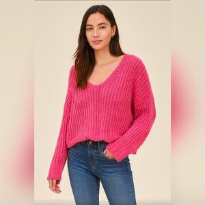 Pink Lily Vibrant Pink V-Neck Knit Sweater, Womens Medium Oversized